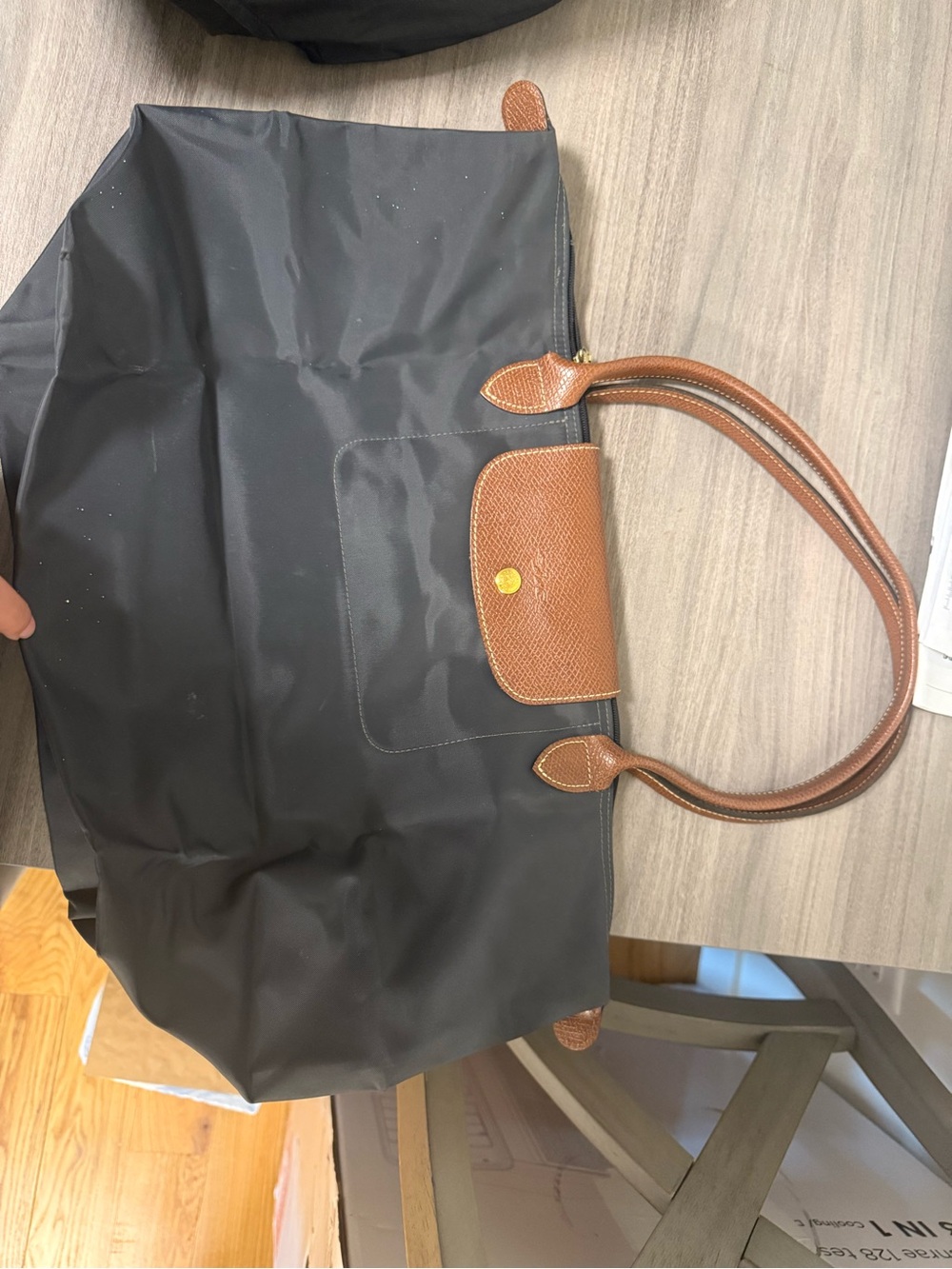 Longchamp Grey Medium Nylon Tote with Brown Leather Trim and Handles
